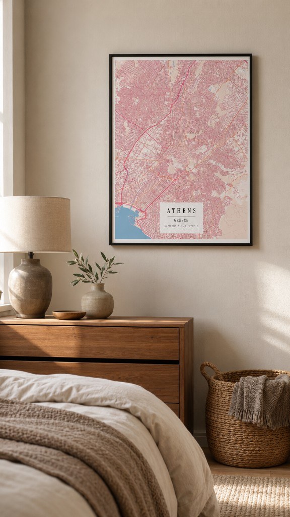 Athens custom map print above a wooden dresser in a warm bedroom