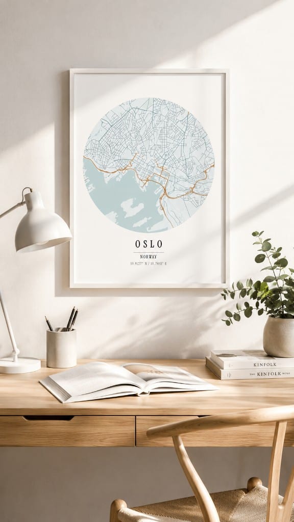 Oslo circular map print above a bright desk with books and plants